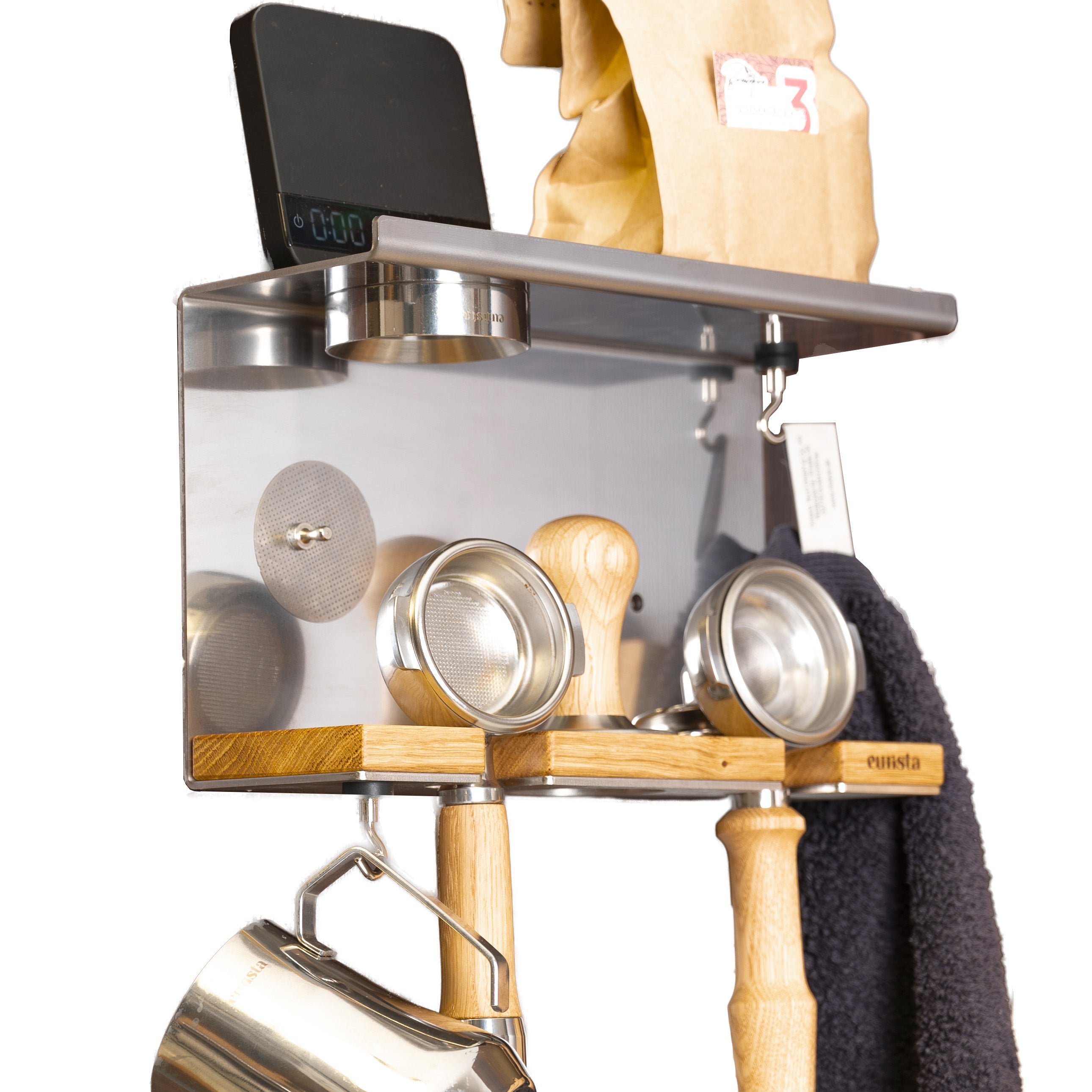 Sortierlösung von eurista mit weißem Hintergrund mit 2 Siebträgern, Tamper, Kaffeewaage, Kaffeetüte