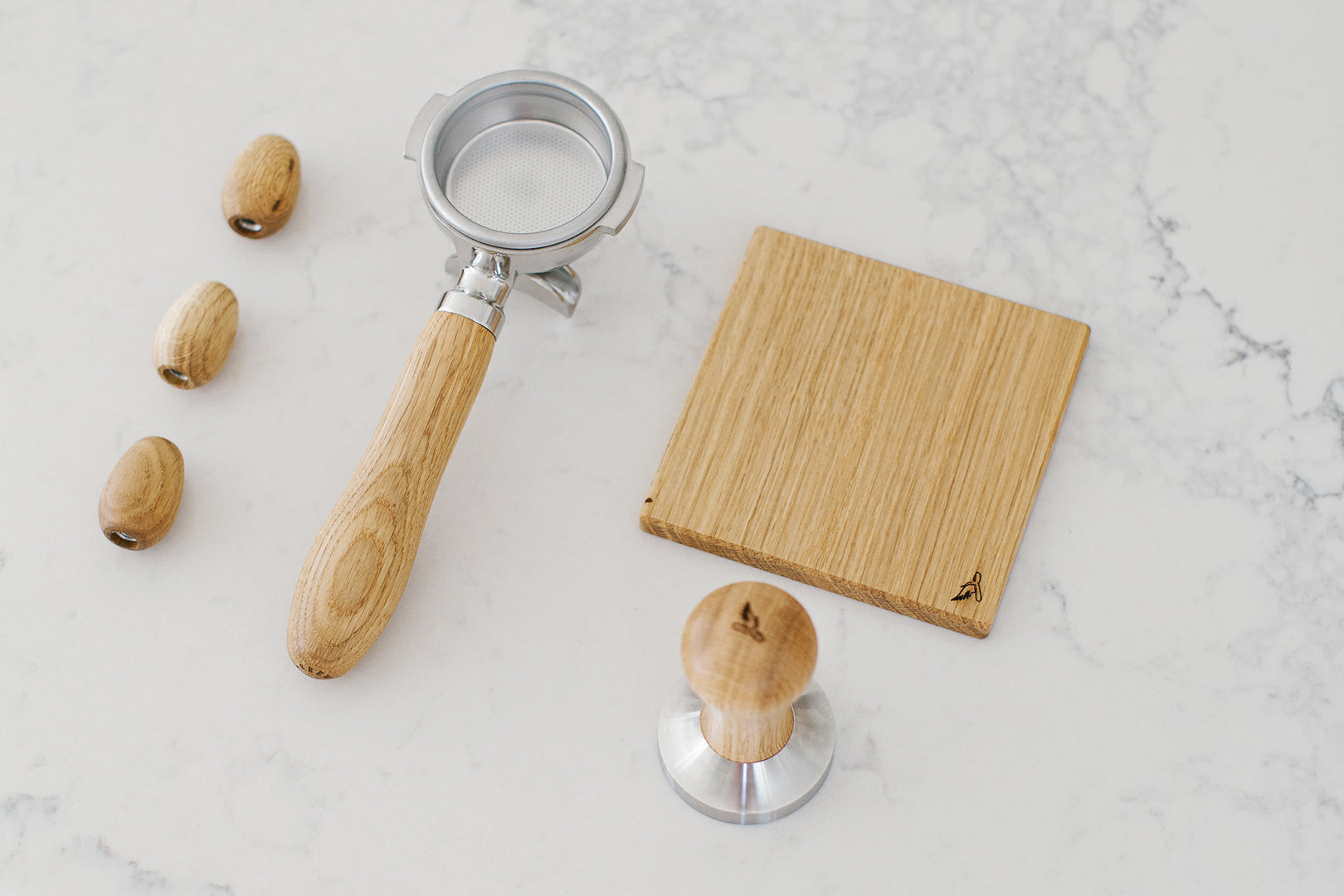 Edelstahl Siebträger mit Holzgriff Doppelauslauf Vorne