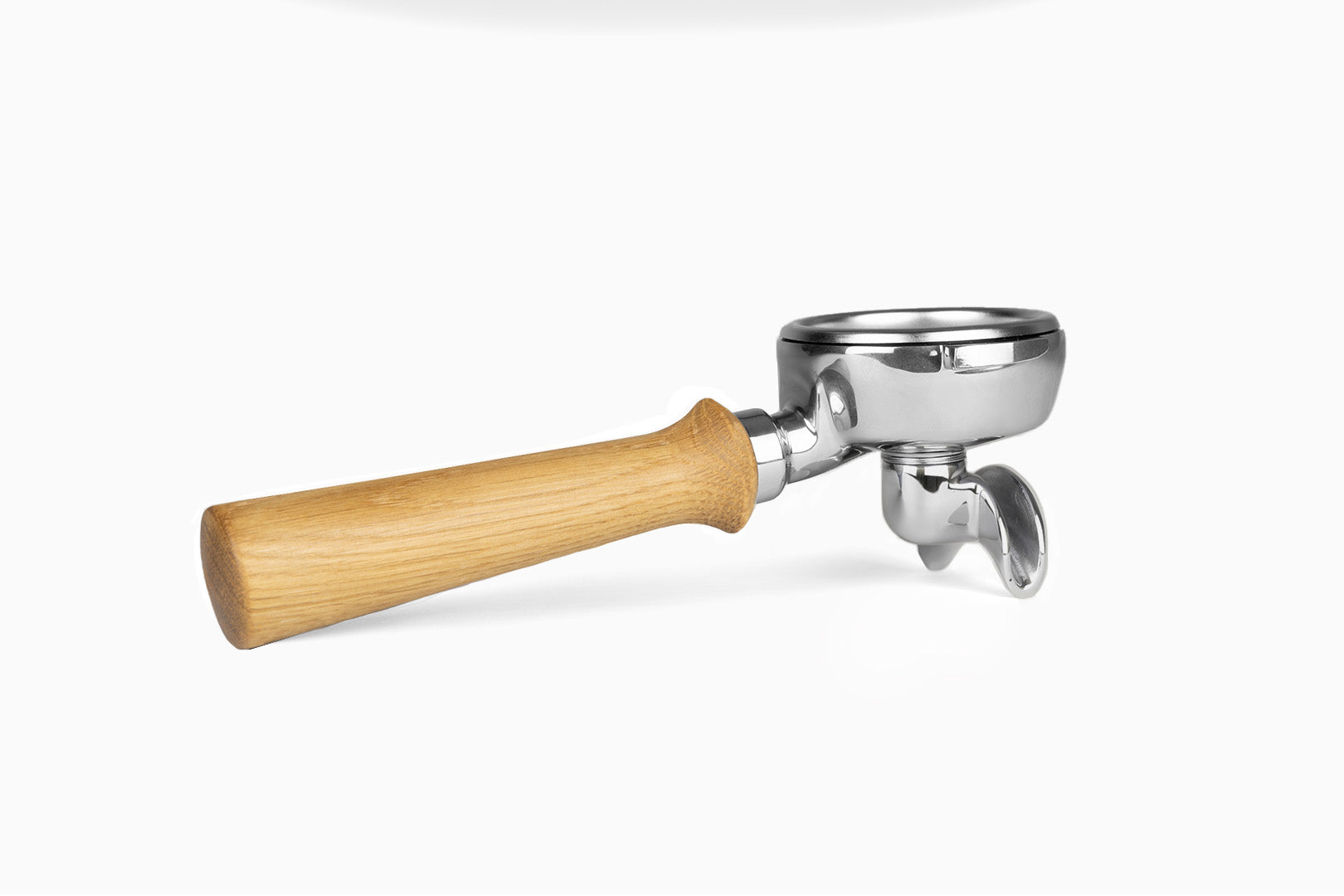 Edelstahl Siebträger mit Holzgriff Doppelauslauf Vorne