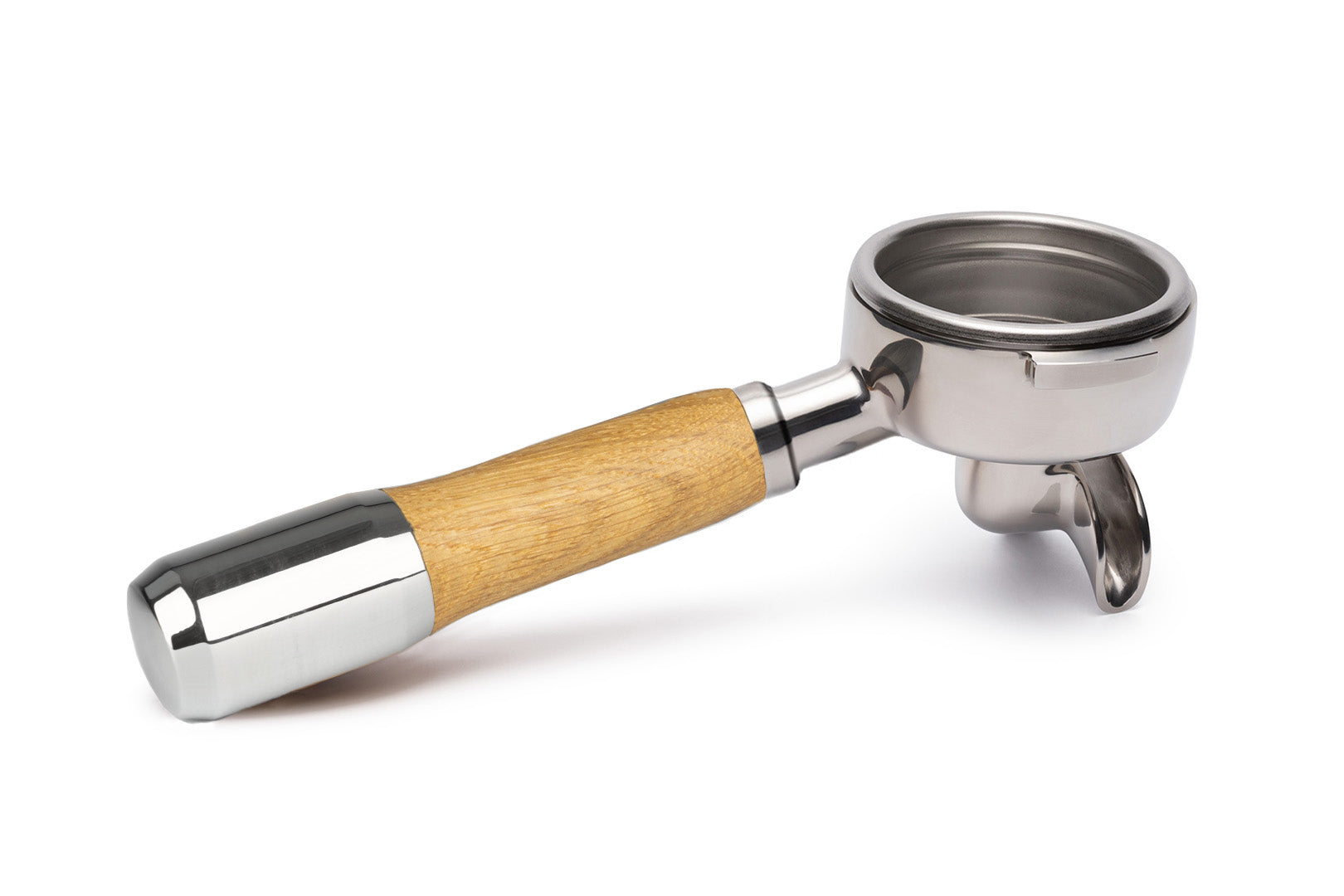 Edelstahl Siebträger mit Holzgriff Doppelauslauf Vorne