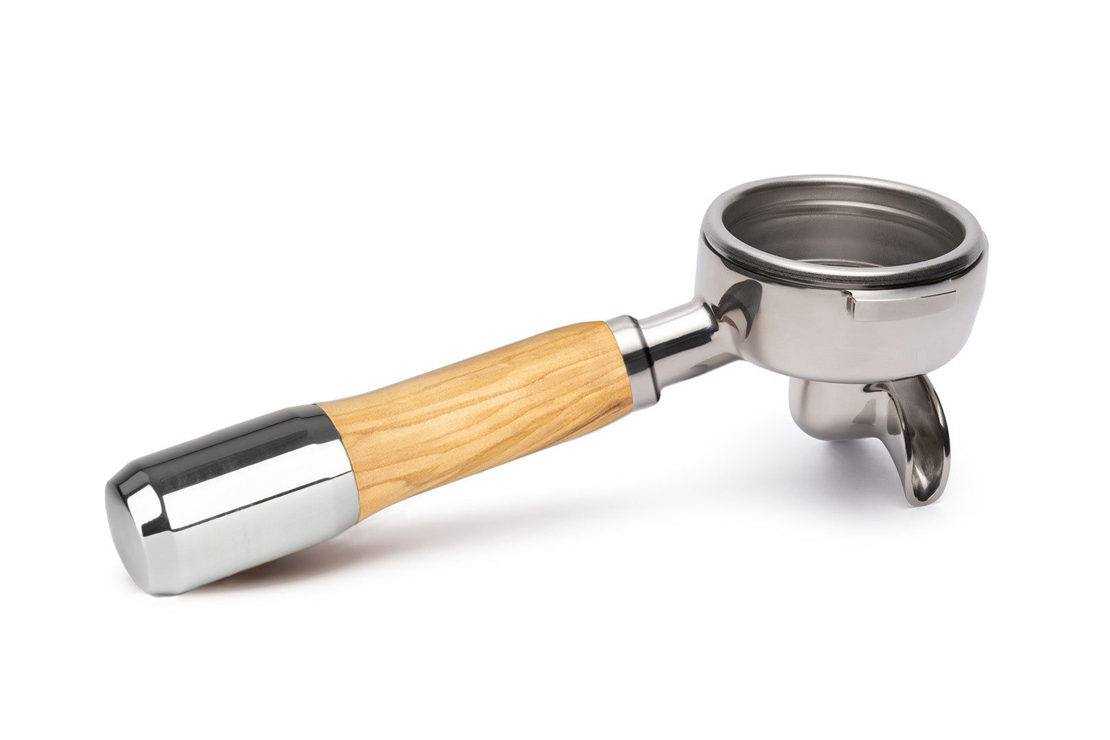 Edelstahl Siebträger mit Holzgriff Doppelauslauf Vorne