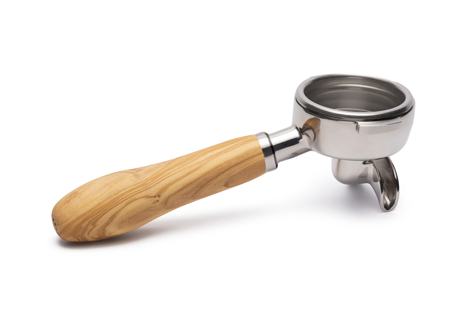 Edelstahl Siebträger mit Holzgriff Doppelauslauf Vorne