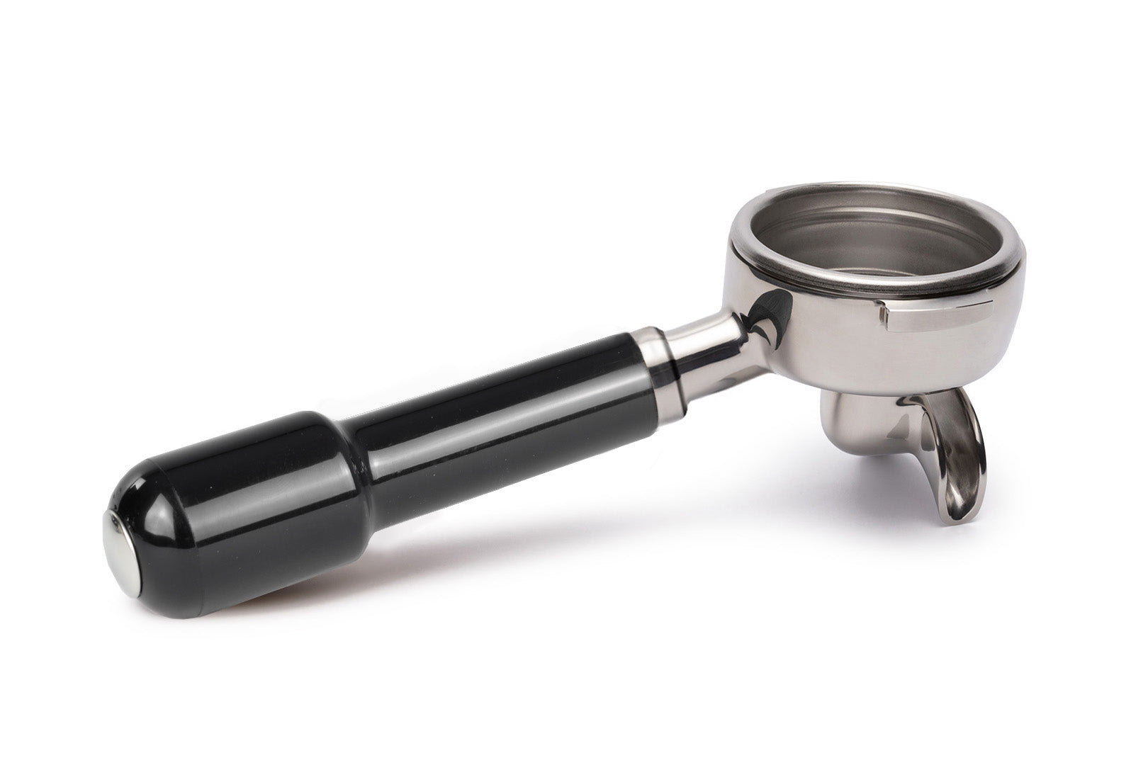 Edelstahl Siebträger mit Doppelauslauf vorne (58mm) und schwarzem Griff für Faema E61, Ascaso & Rancilio